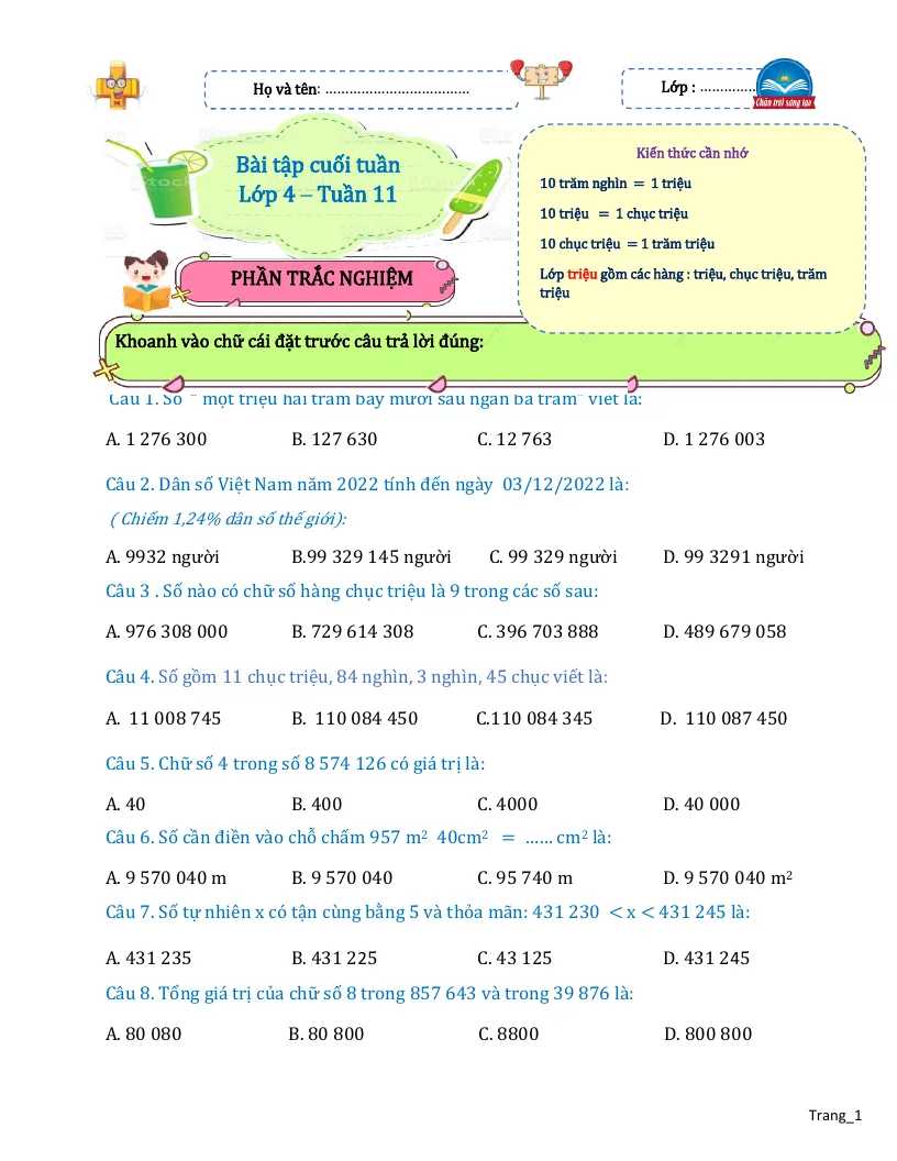 Bài Tập Cuối Tuần Toán 4 Tuần 11