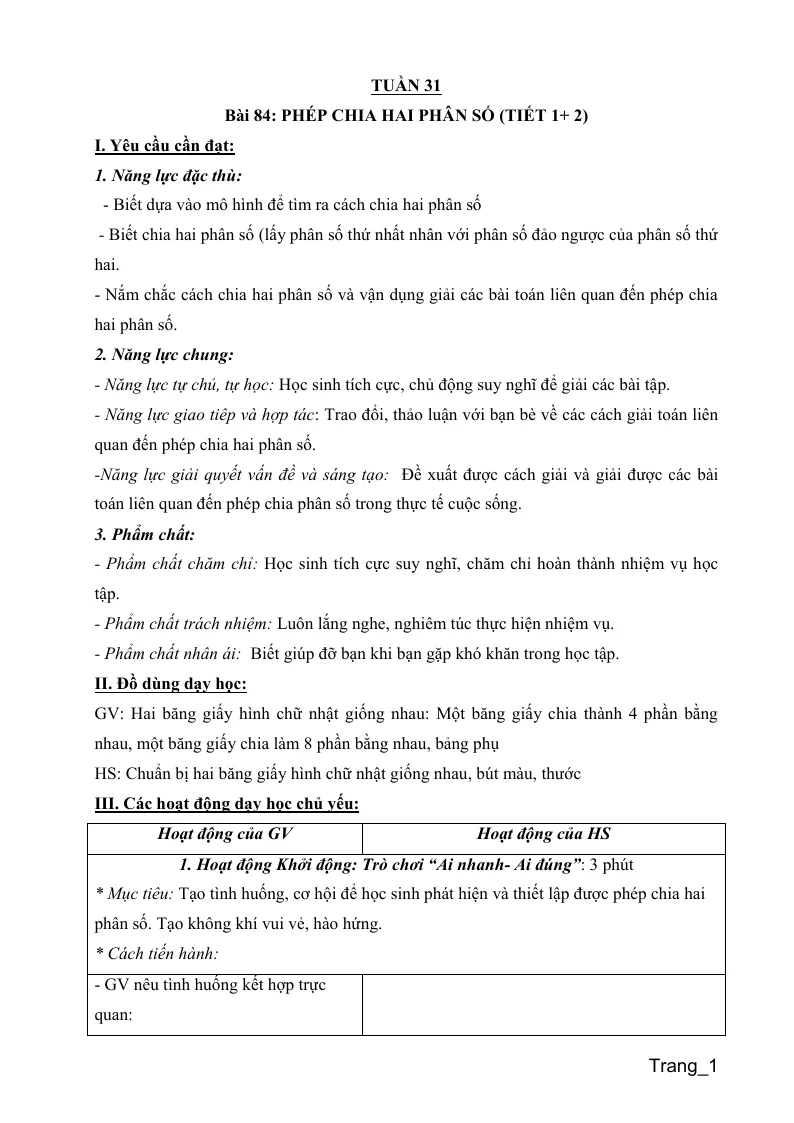 Giáo Án Môn Toán Lớp 4 Tuần 31