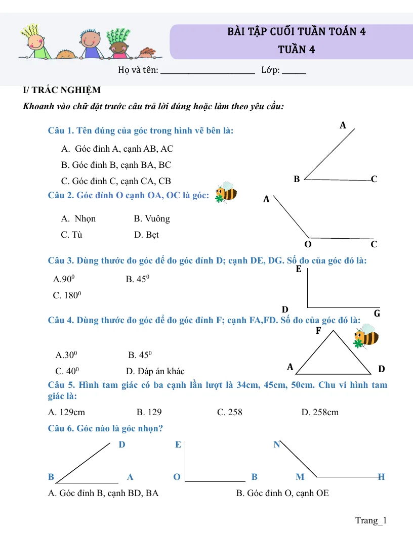 Bài Tập Cuối Tuần Toán 4 Tuần 4