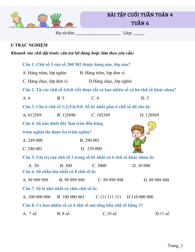 Bài Tập Cuối Tuần Toán 4 Tuần 6