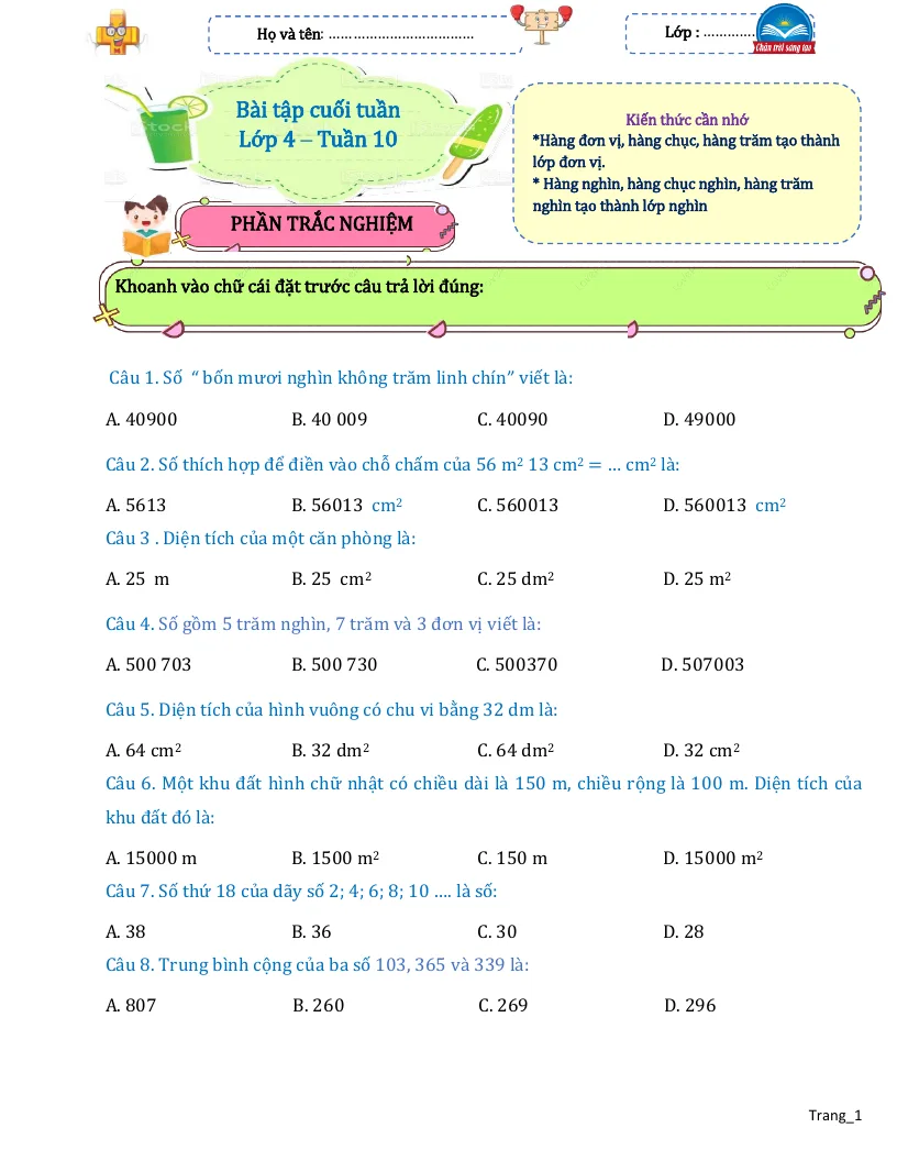 Bài Tập Cuối Tuần Toán 4 Tuần 10