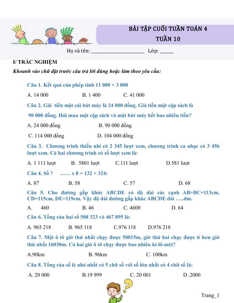 Bài Tập Cuối Tuần Toán 4 Tuần 10