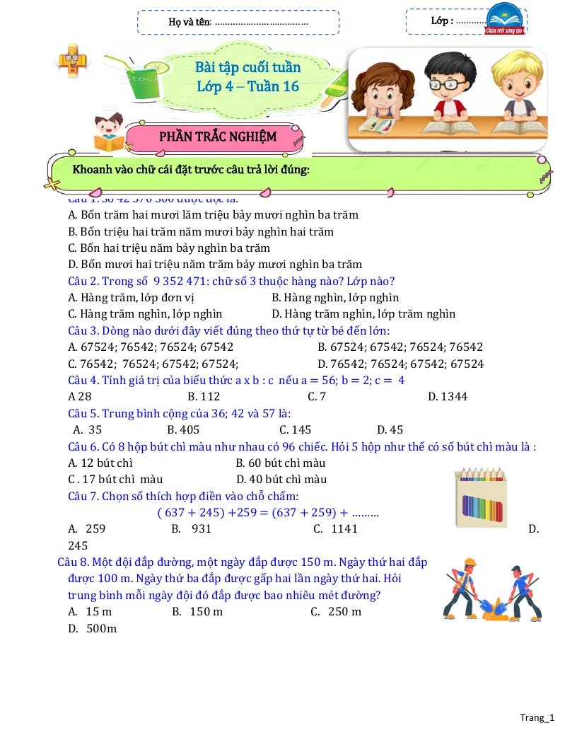 Bài Tập Cuối Tuần Toán 4 Tuần 16