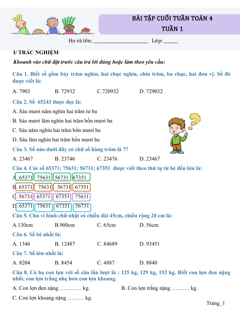 Bài Tập Cuối Tuần Toán 4 Tuần 1