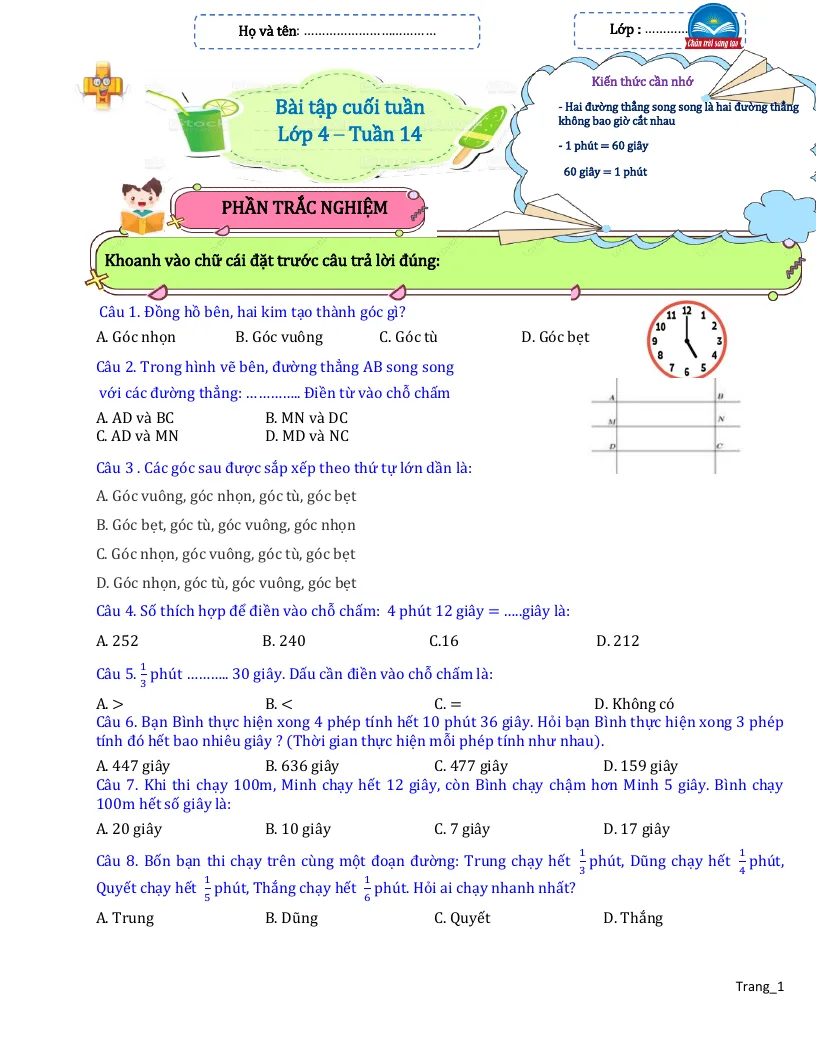 Bài Tập Cuối Tuần Toán 4 Tuần 14