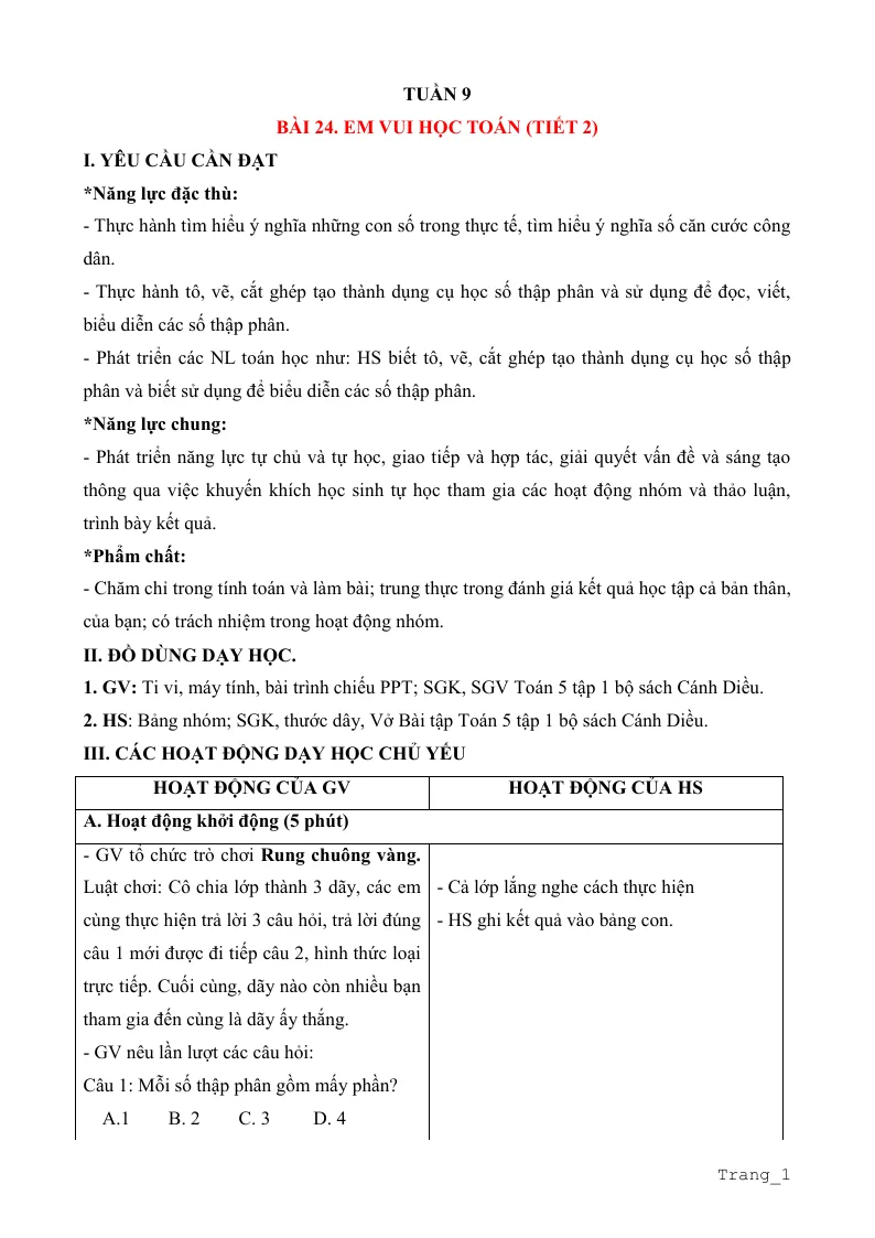 Giáo Án Môn Toán Lớp 5 Tuần 9
