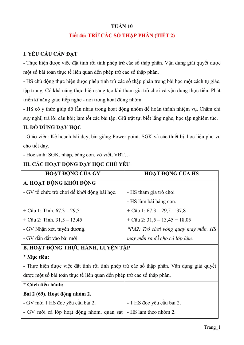 Giáo Án Môn Toán Lớp 5 Tuần 10