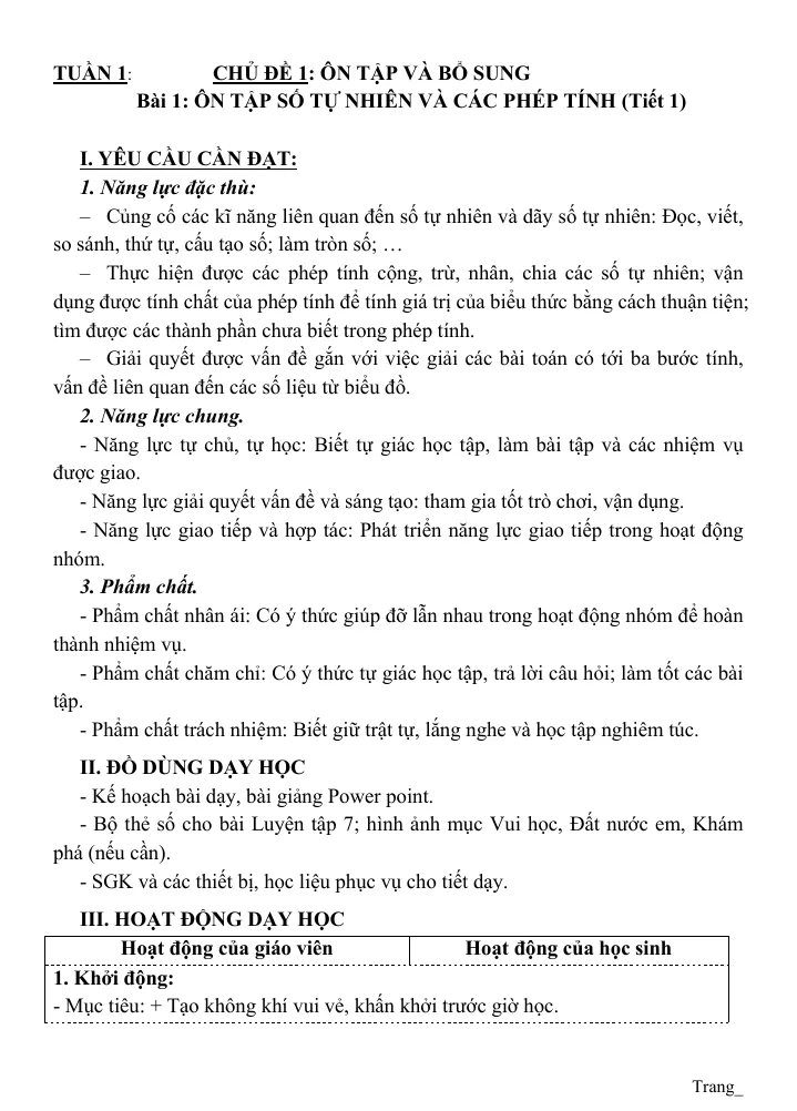 Giáo Án Toán 5 Chân Trời Sáng Học Kỳ 1