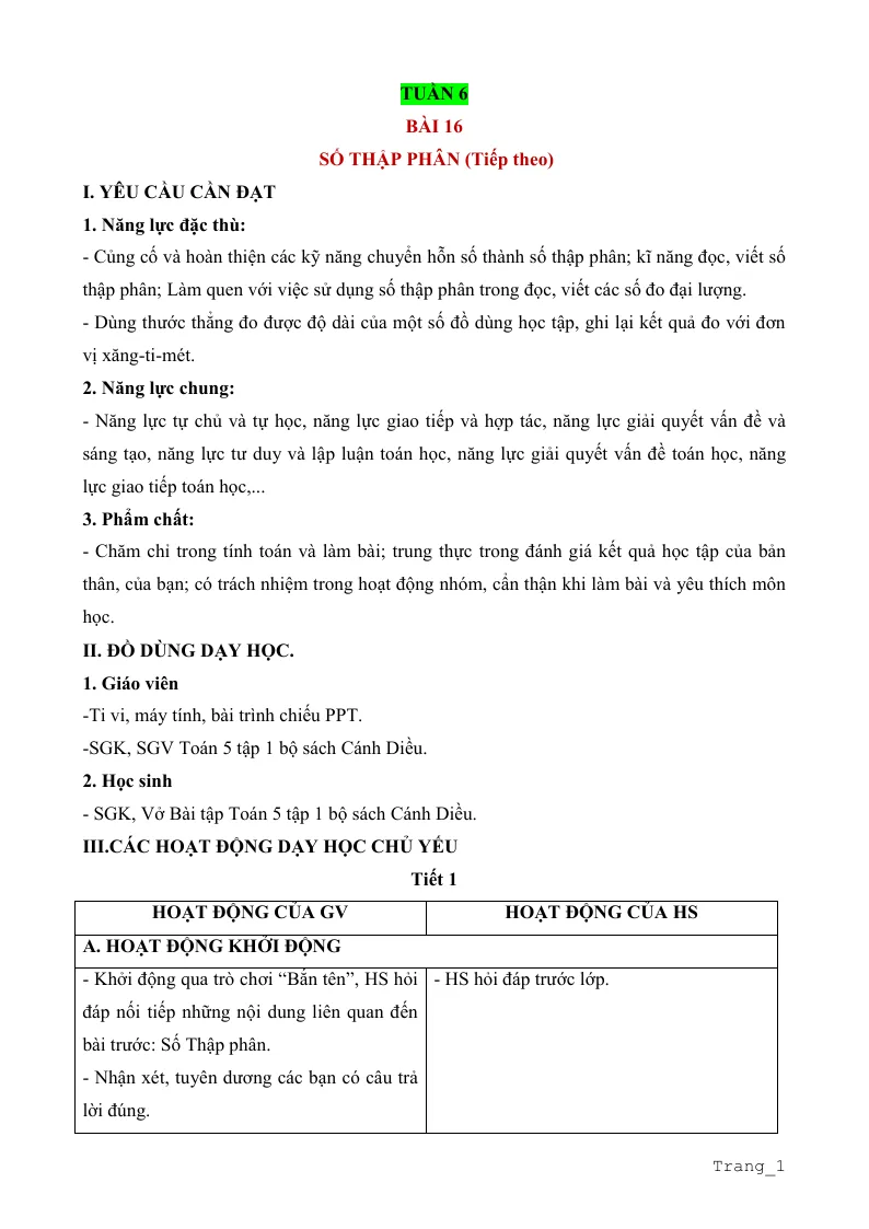 Giáo Án Môn Toán Lớp 5 Tuần 6
