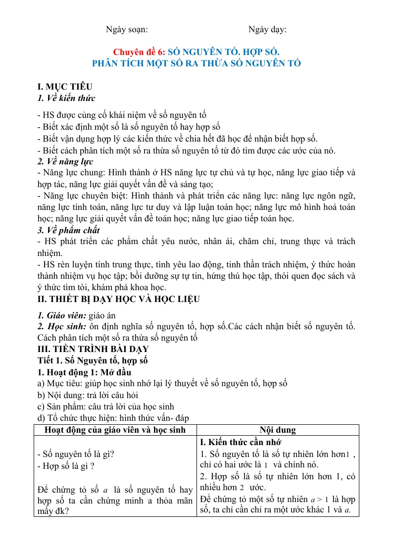 Giáo Án Dạy Thêm Toán 6 Phân Tích Một Số Ra Thừa Số Nguyên Tố