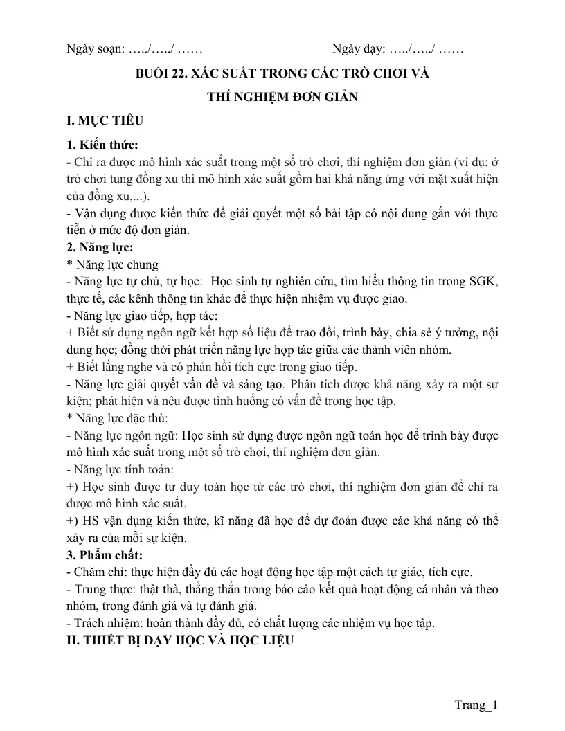 Giáo Án Dạy Thêm Toán 6 Xác Suất Trong Các Trò Chơi Và Thí Nghiệm Đơn Giản