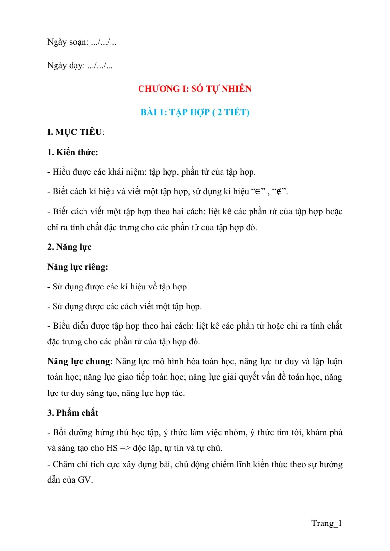 Giáo Án Toán 6 Sách Học Kỳ 1 File Word Rất Hay