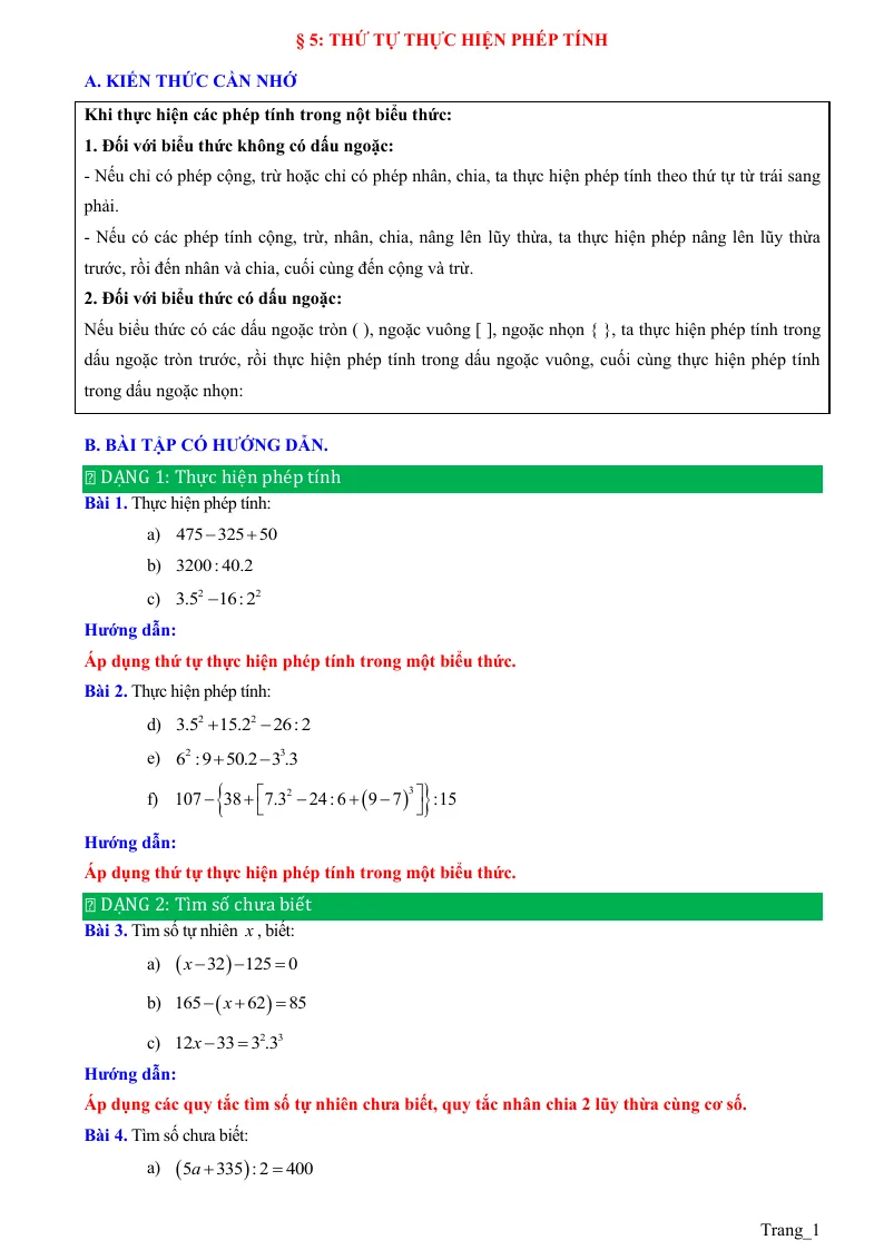 Phương Pháp Giải Bài 5 Thứ Tự Thực Hiện Phép Tính Toán 6