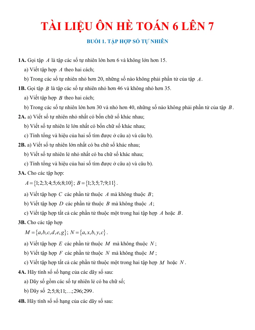 Tài Liệu Ôn Hè Toán 6 Lên 7 Theo Từng Buổi