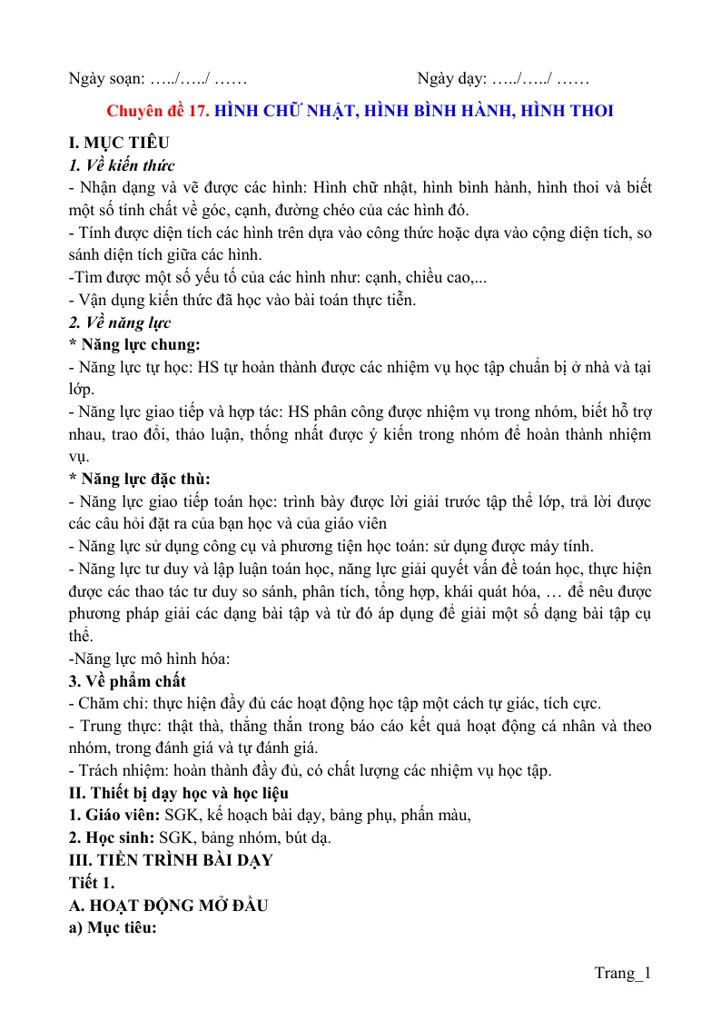Giáo Án Dạy Thêm Toán 6 KNTT Hình Chữ Nhật Hình Bình Hành Hình Thoi