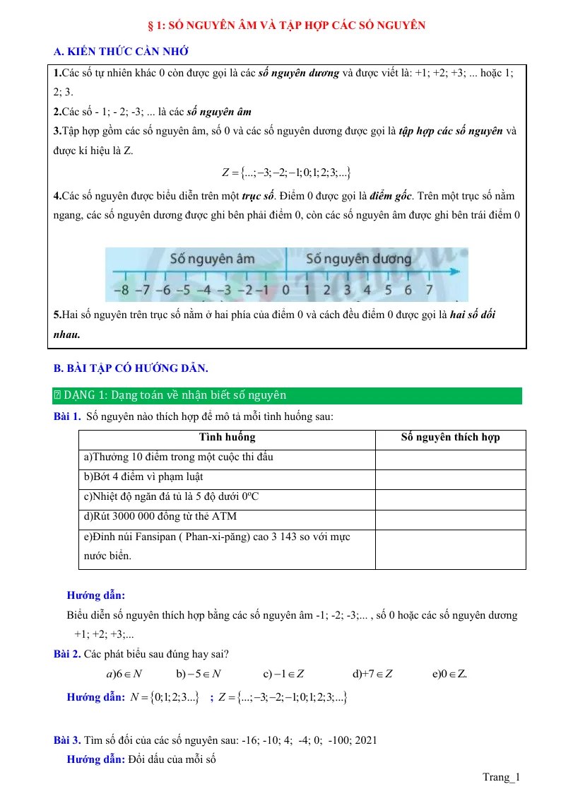 Phương Pháp Giải Bài 1 Số Nguyên Âm Và Tập Hợp Các Số Nguyên Toán 6