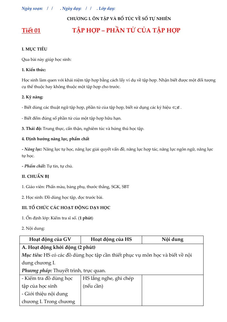 Giáo Án Số Học Lớp 6 Học Kỳ 1 Theo 5 Bước Hoạt Động