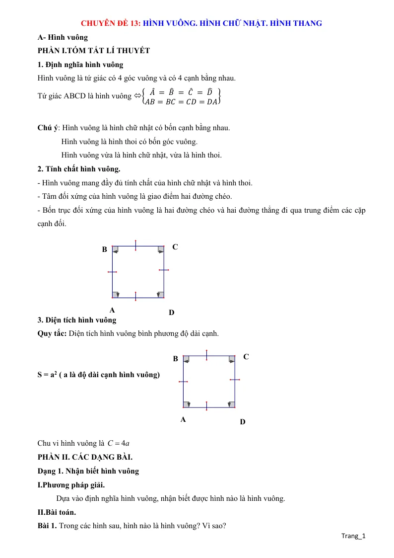 Chuyên Đề Hình Vuông Hình Chữ Nhật Hình Thang Toán 6