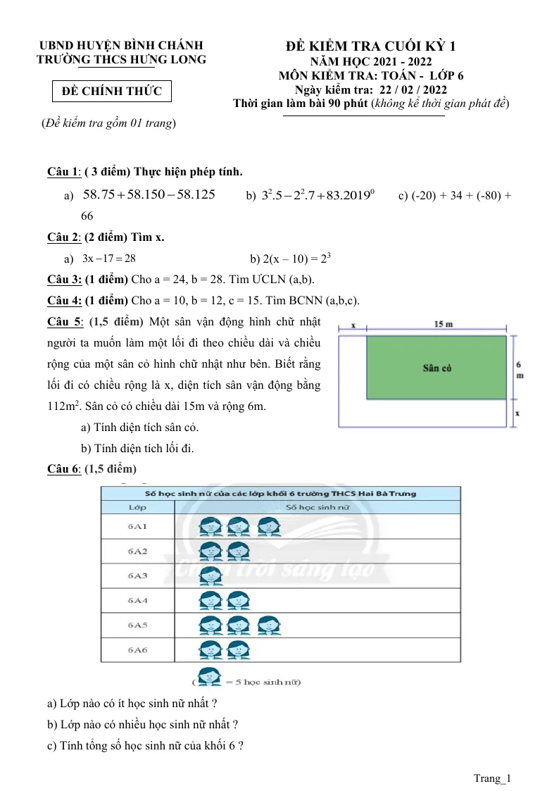 Đề Thi Học Kỳ 1 Môn Toán Lớp 6 THCS Hưng Long 2021 - 2022