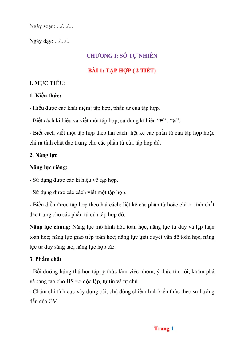Giáo Án Số Học 6 Học Kỳ 1 Theo Công Văn 5512 File Word