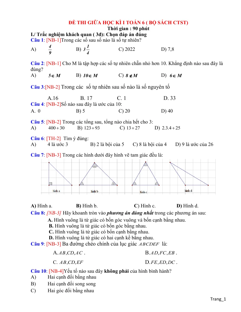Đề Thi Giữa Học Kì 1 Toán 6 2022 - 2023