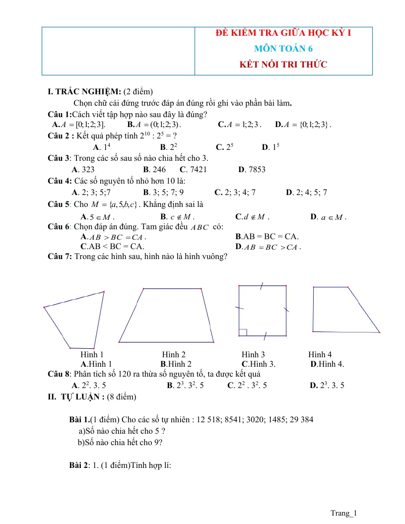 Đề Kiểm Tra Giữa Kỳ 1 Toán 6
