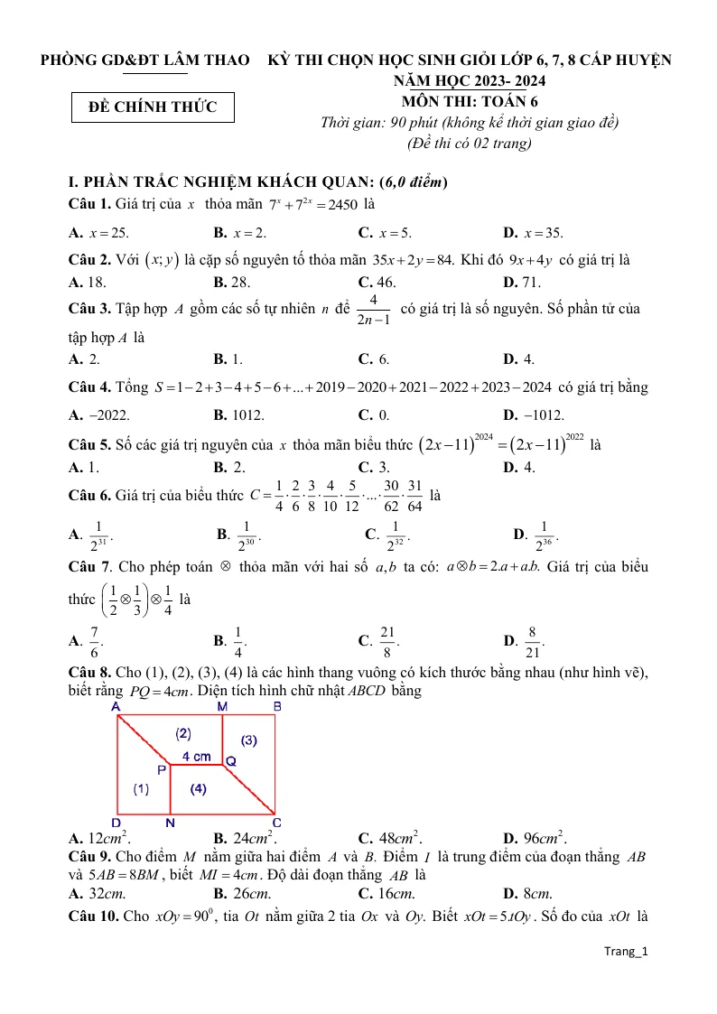 Đề Thi HSG Toán 6 Huyện Lâm Thao 2023 - 2024
