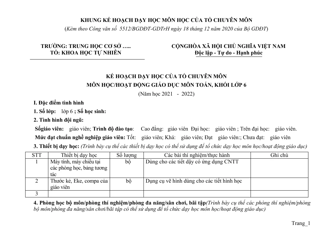 Kế Hoạch Dạy Học Toán 6 Của Tổ Chuyên Môn Sách