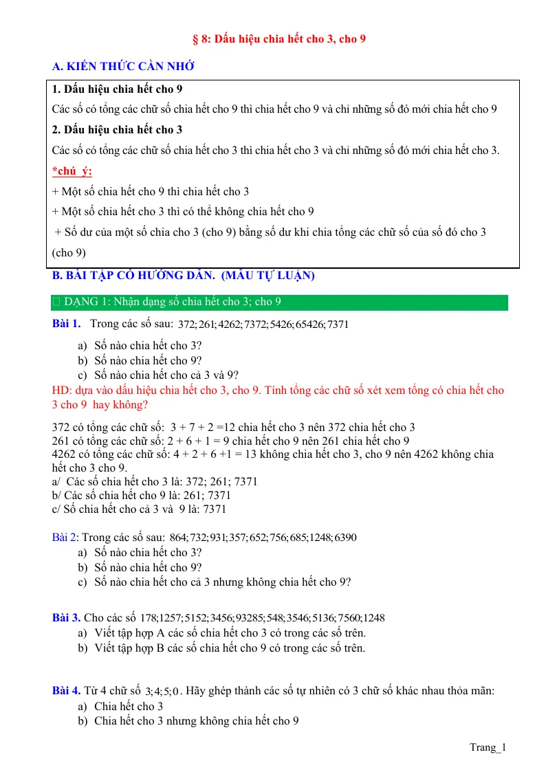 Phương Pháp Giải Bài 8 Dấu Hiệu Chia Hết Cho 3 Cho 9 Toán 6