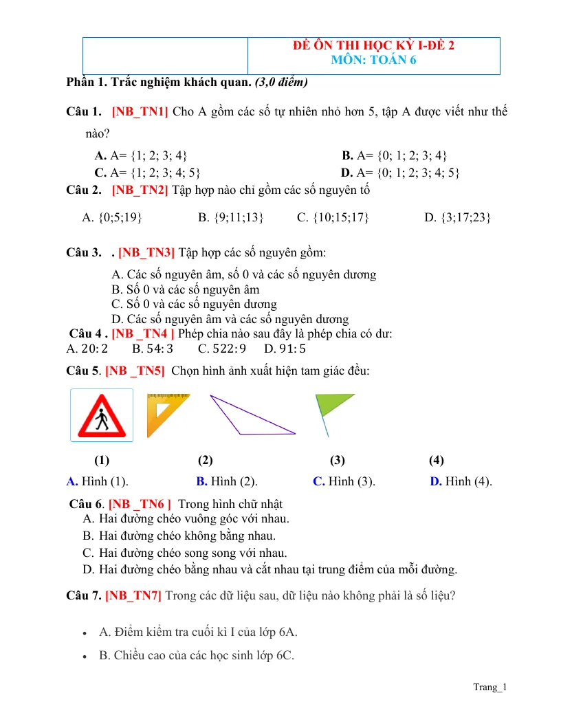 Đề Ôn Thi HK1 Toán 6 Có Đáp Án - Đề 2