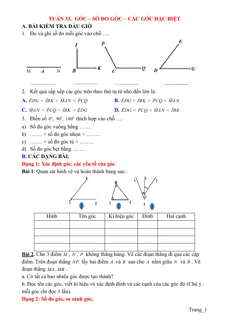 Bài Tập Toán 6 Bộ Kết Nối Tuần 33 Góc - Số Đo Góc - Các Góc Đặc Biệt