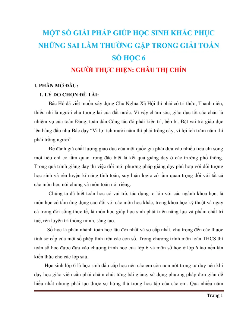 SKKN Giải Pháp Giúp Học Sinh Khắc Phục Sai Lầm Trong Toán Số Học 6