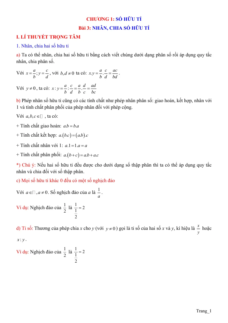 Chuyên Đề Nhân Chia Số Hữu Tỉ Toán 7