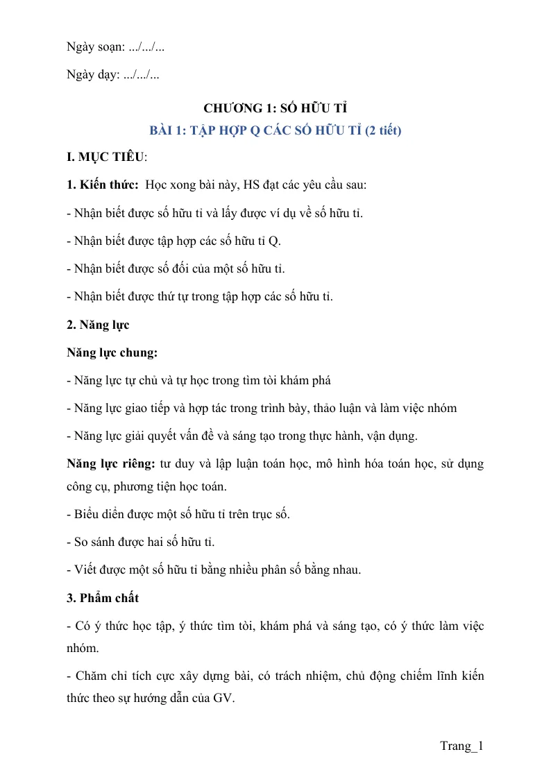 Kế Hoạch Bài Dạy Môn Toán 7 Học Kỳ 1 - Bộ 2