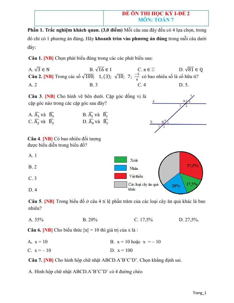 Đề Ôn Thi HK 1 Toán 7 Có Đáp Án - Đề 2