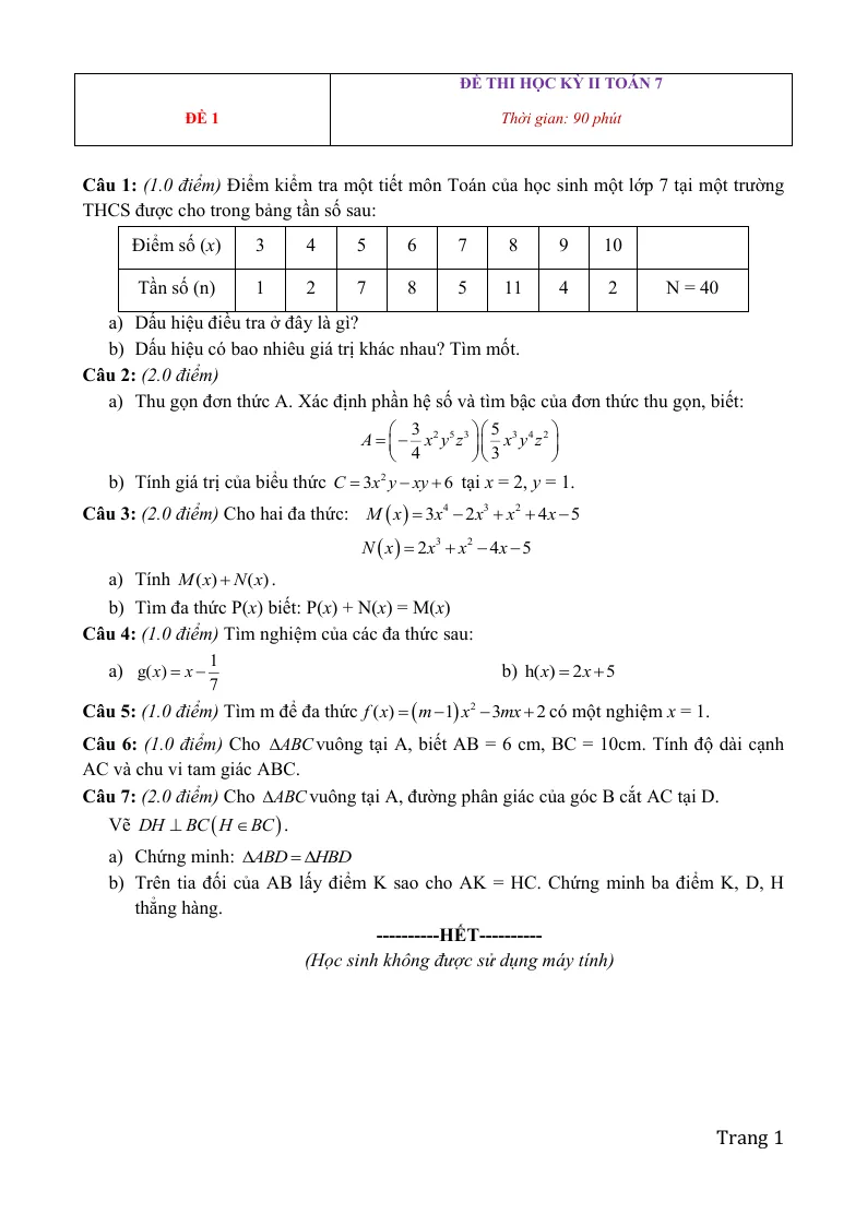 15 Đề Thi Toán Lớp 7 Học Kỳ 2