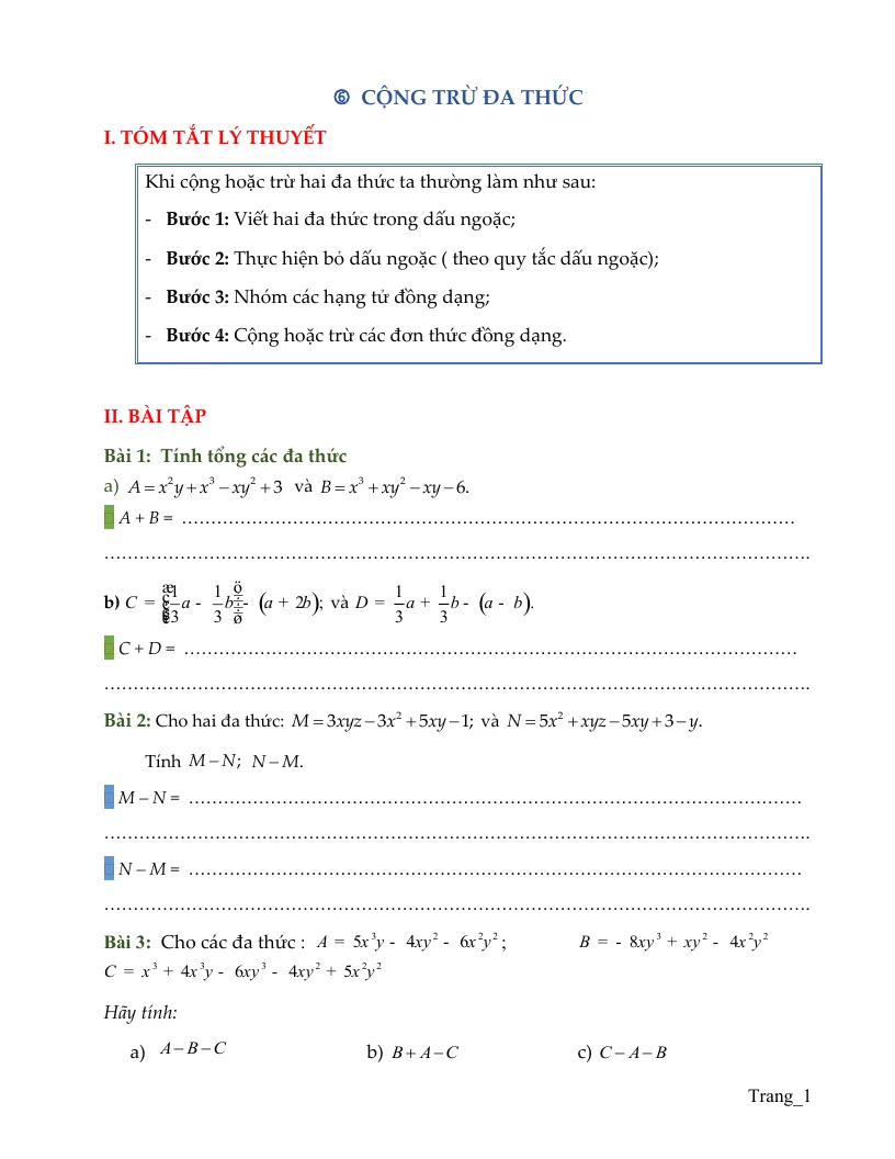Bài Tập Toán 7 Cộng Trừ Đa Thức