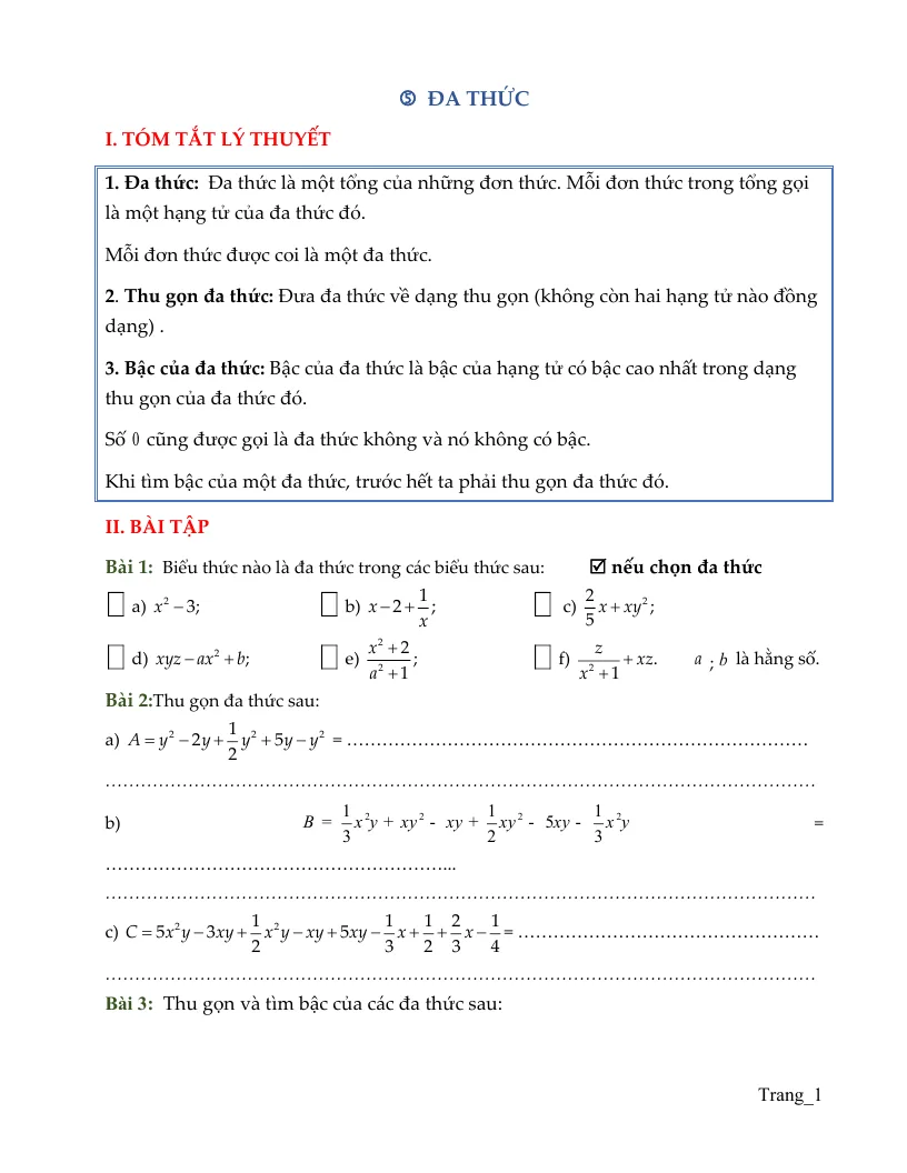 Bài Tập Toán 7 Đa Thức