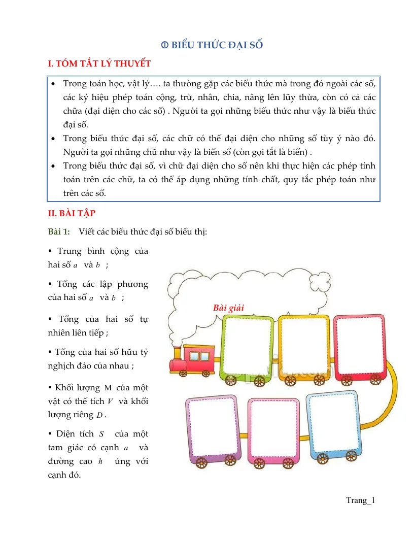 Bài Tập Toán 7 Biểu Thức Đại Số