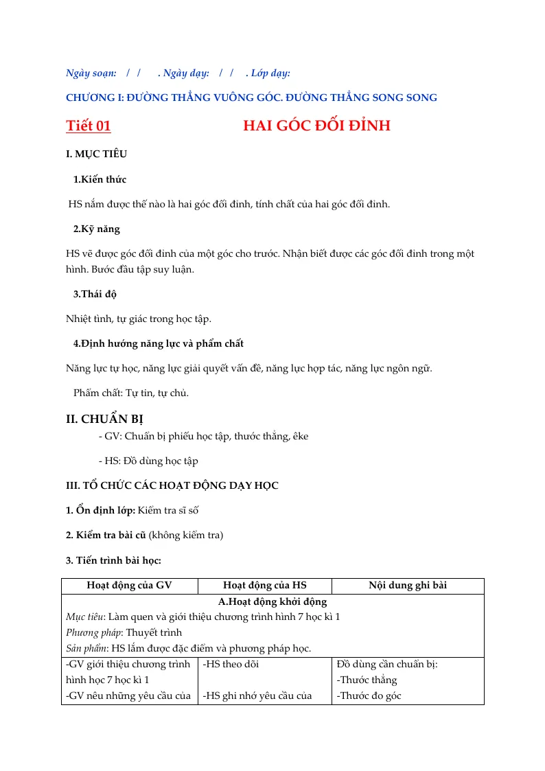 Giáo Án Hình Học 7 Học Kỳ 1 Theo Định Hướng Phát Triển Năng Lực