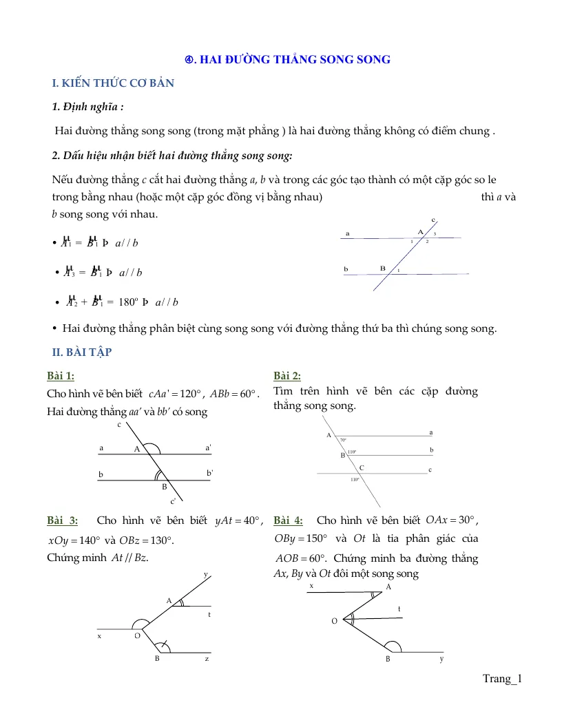 Bài Tập Hình Học 7 Hai Đường Thẳng Song Song