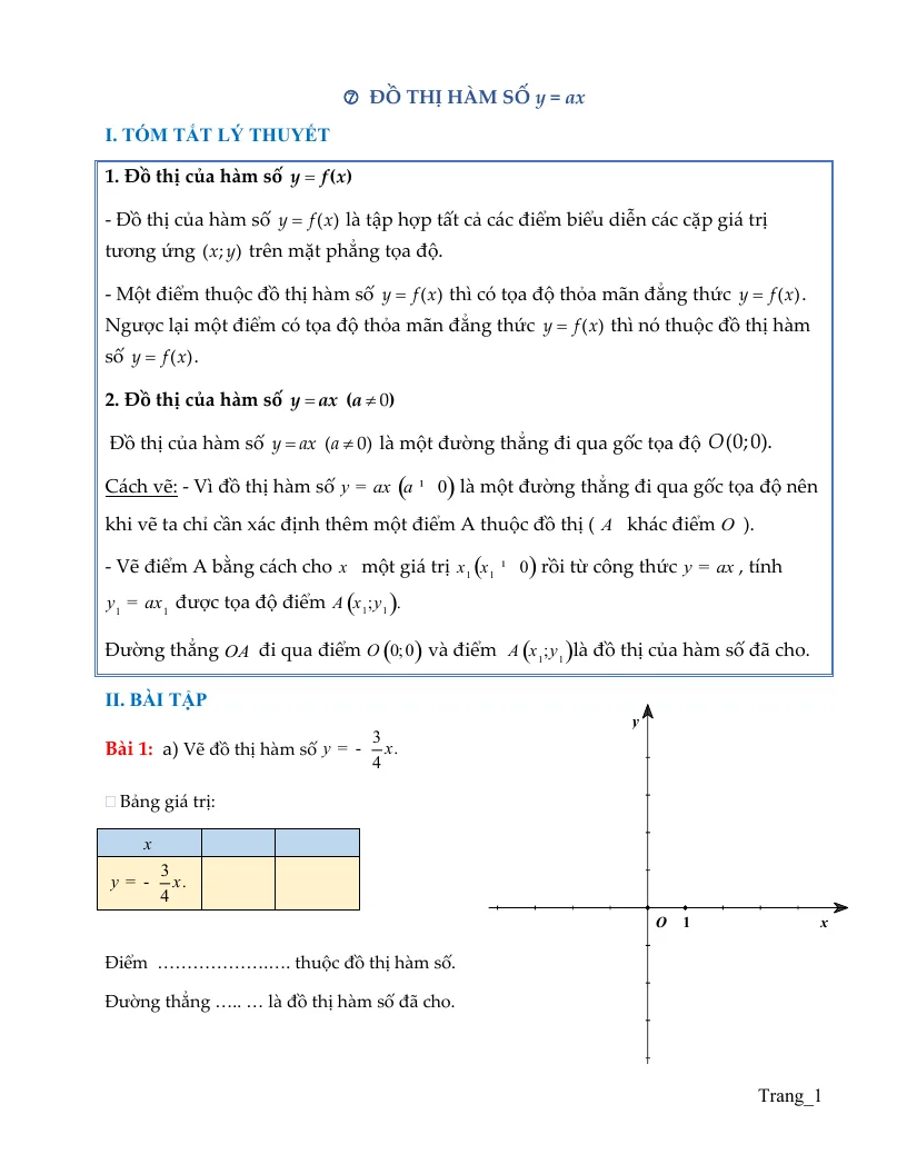 Bài Tập Toán 7 Đồ Thị Hàm Số y=ax