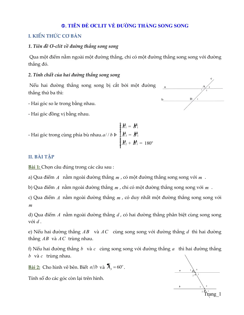 Bài Tập Hình Học 7 Tiên Đề Ơclit Đường Thẳng Song Song