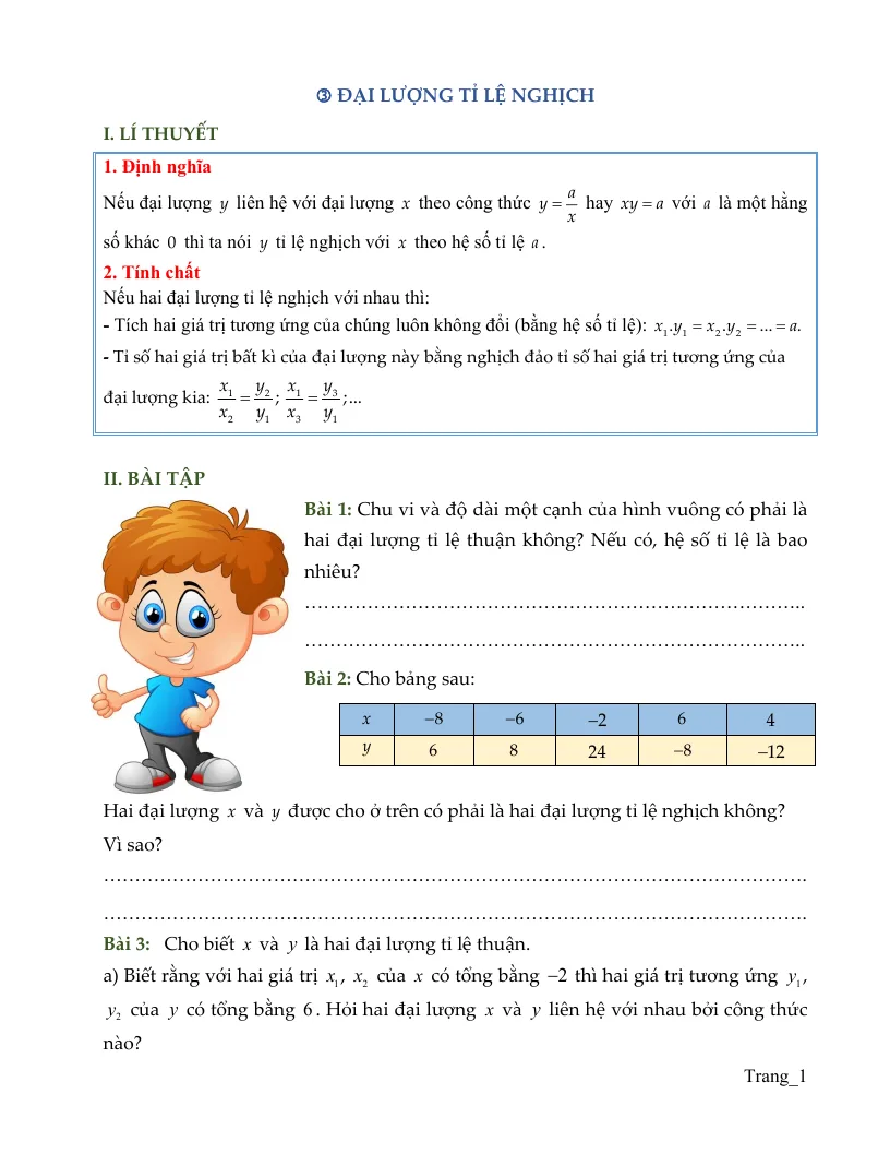 Bài Tập Toán 7 Đại Lượng Tỉ Lệ Nghịch