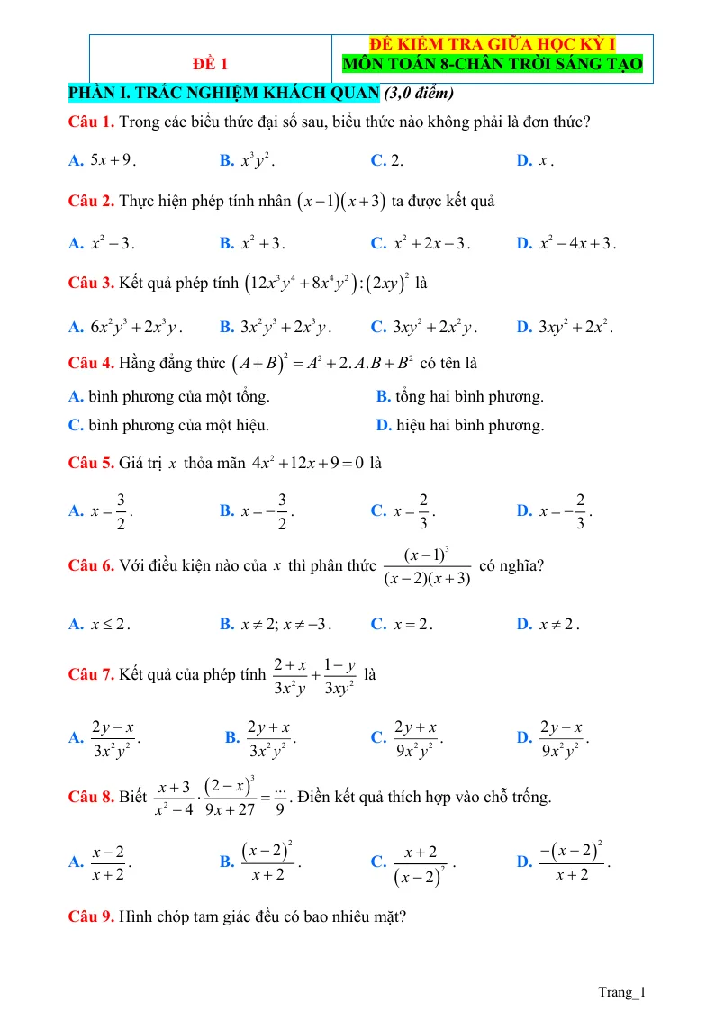 Đề Kiểm Tra Giữa Học Kỳ 1 Toán 8 Giải Chi Tiết Đề 1