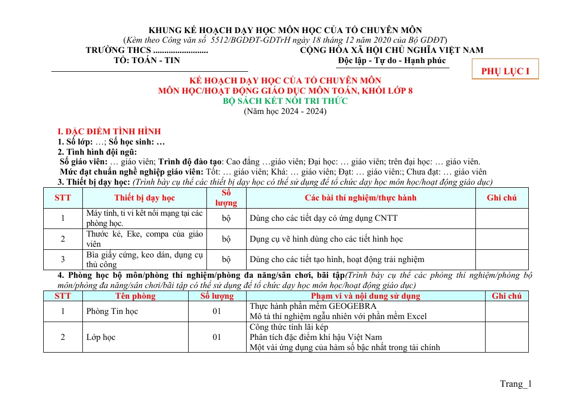 Phụ Lục 1 - 2 - 3 - 4 Môn Toán 8 Với Cuộc Sống 2023 - 2024