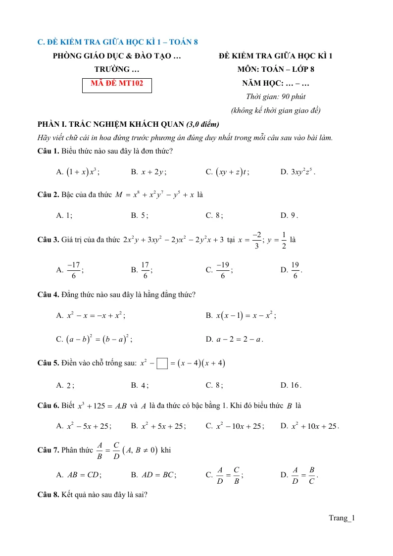 Đề Thi Giữa Học Kỳ 1 Toán 8 Có Đáp Án - Đề 2