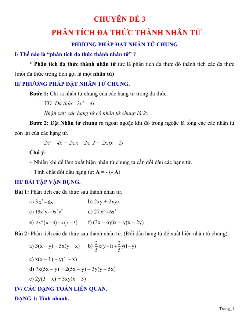 Giáo Án Dạy Thêm Đại Số 8 Chủ Đề Phân Tích Đa Thức Thành Nhân Tử
