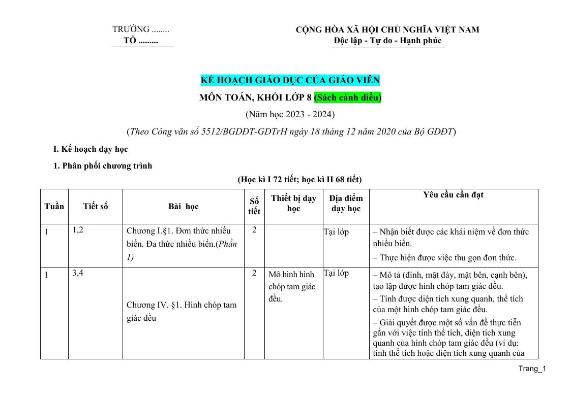 Kế Hoạch Giáo Dục Toán 8 2023 - 2024