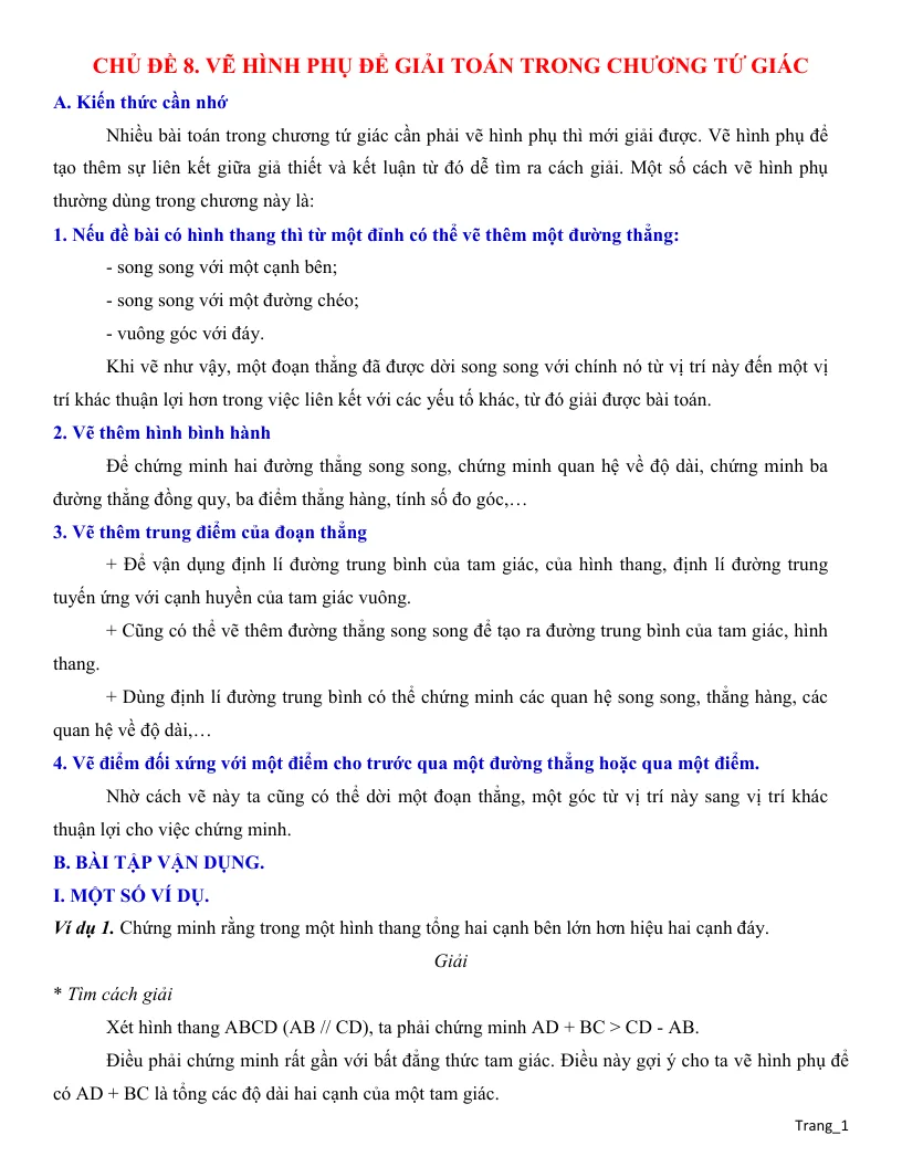 Giáo Án Dạy Thêm Hình 8 Chủ Đề Vẽ Hình Phụ Để Giải Toán Trong Chương Tứ Giác